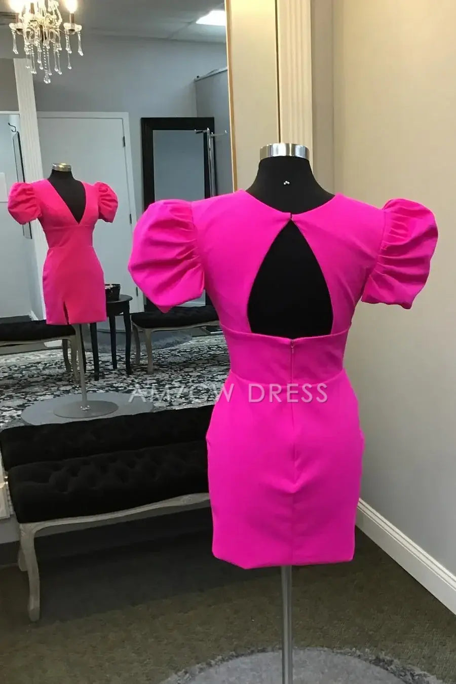 Amzcw Elegant Low V-Neck Short Sleeves Bodycon Satin Mini Homecoming Dress formal wear dresses