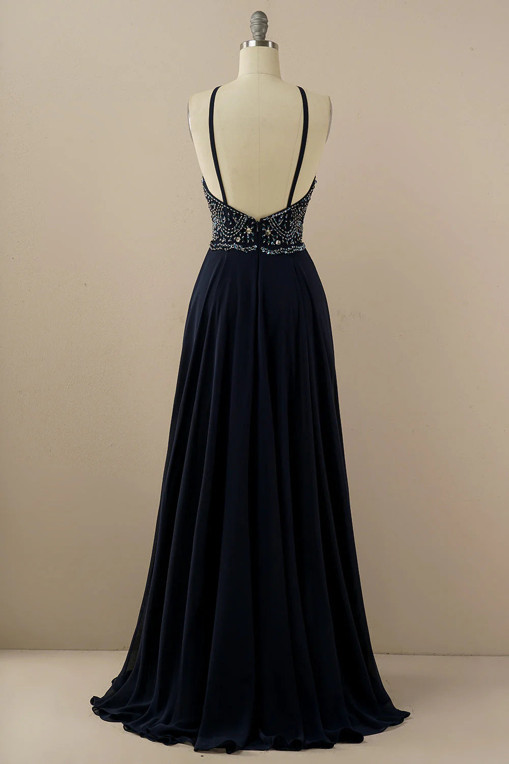 Amzcw Navy A Line Halter Beaded Backless Long Prom Dress prom dresses with long sleeves