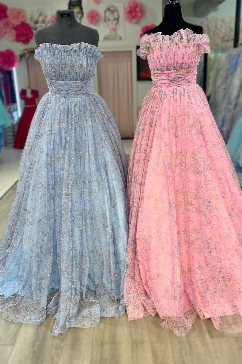 Vestidos de fiesta largos sencillos sin tirantes Vestidos de noche florales sin tirantes