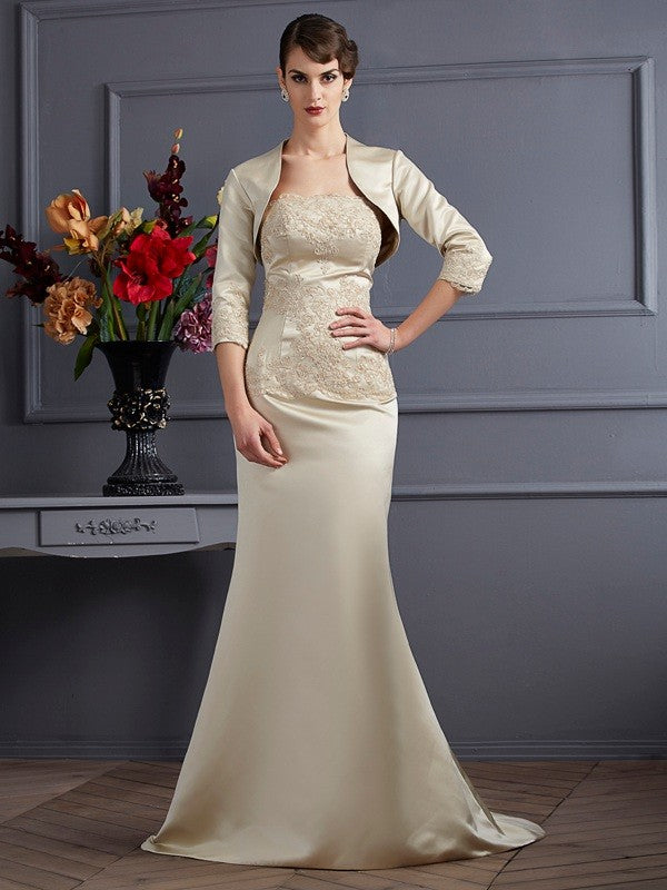 Vestidos de Madre de la Novia Largos de Satén con Apliques y Sin Mangas y Sin Tirantes de Corte Trompeta/Sirena
