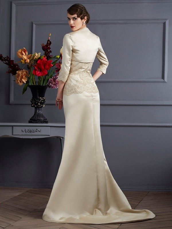 Vestidos de Madre de la Novia Largos de Satén con Apliques y Sin Mangas y Sin Tirantes de Corte Trompeta/Sirena