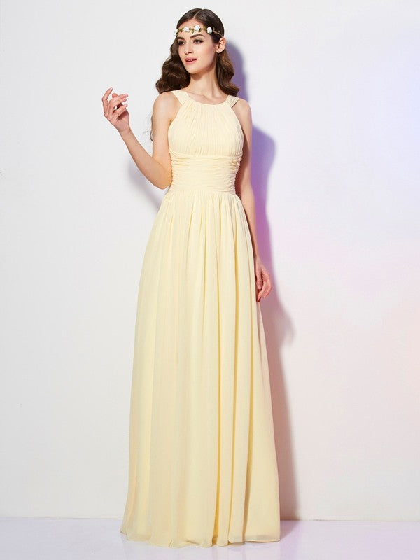 Vestidos de dama de honor largos de gasa con pliegues, sin mangas, corte princesa/barco