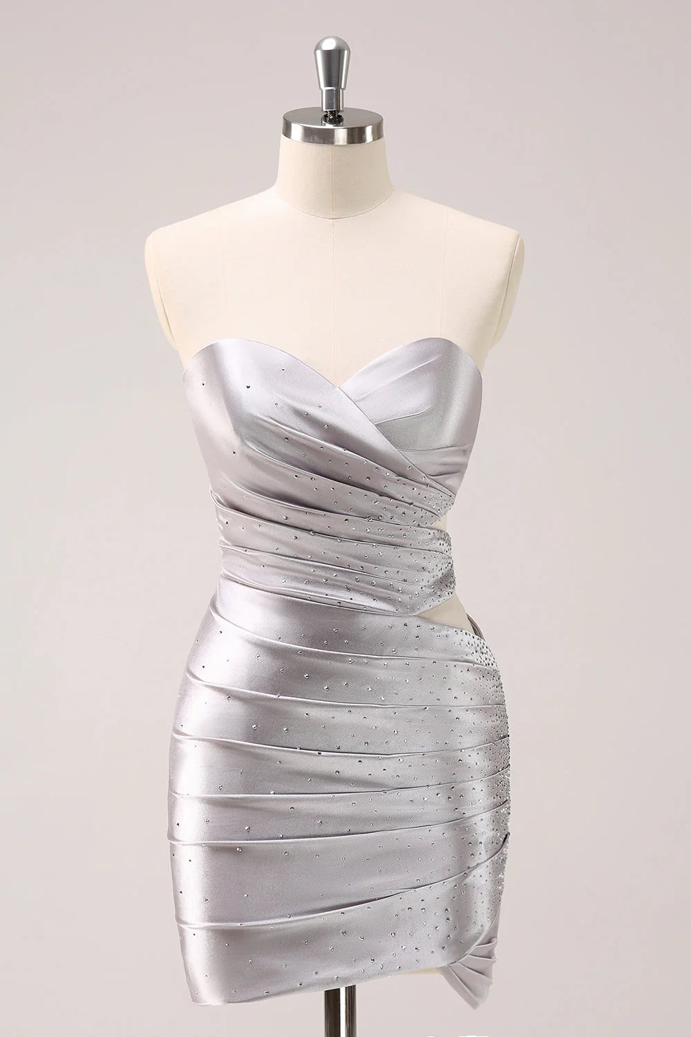 Amzcw Silver Hollow Out Strapless Pleated Tight Metallic Homecoming Dress with Beading