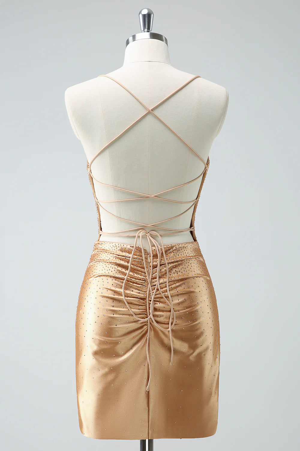 Amzcw Gorgeous Golden Spaghetti Straps Corset Short Tight Homecoming Dress with Beading