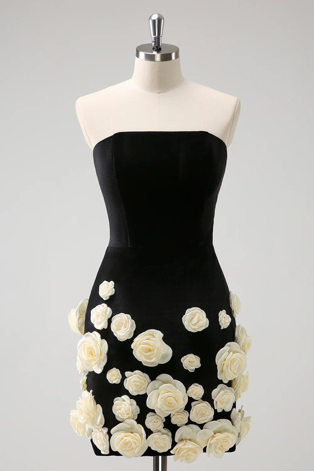 Amzcw Elegant Black Tight Strapless Short Homecoming Dress with 3D Flowers