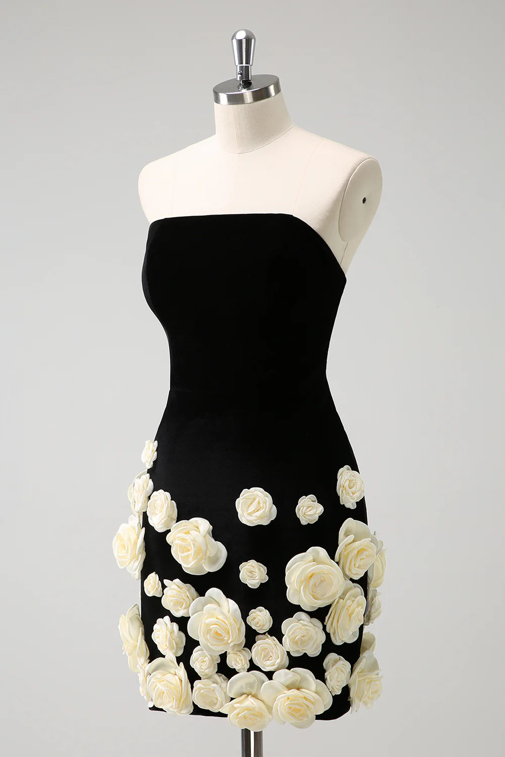 Amzcw Elegant Black Tight Strapless Short Homecoming Dress with 3D Flowers