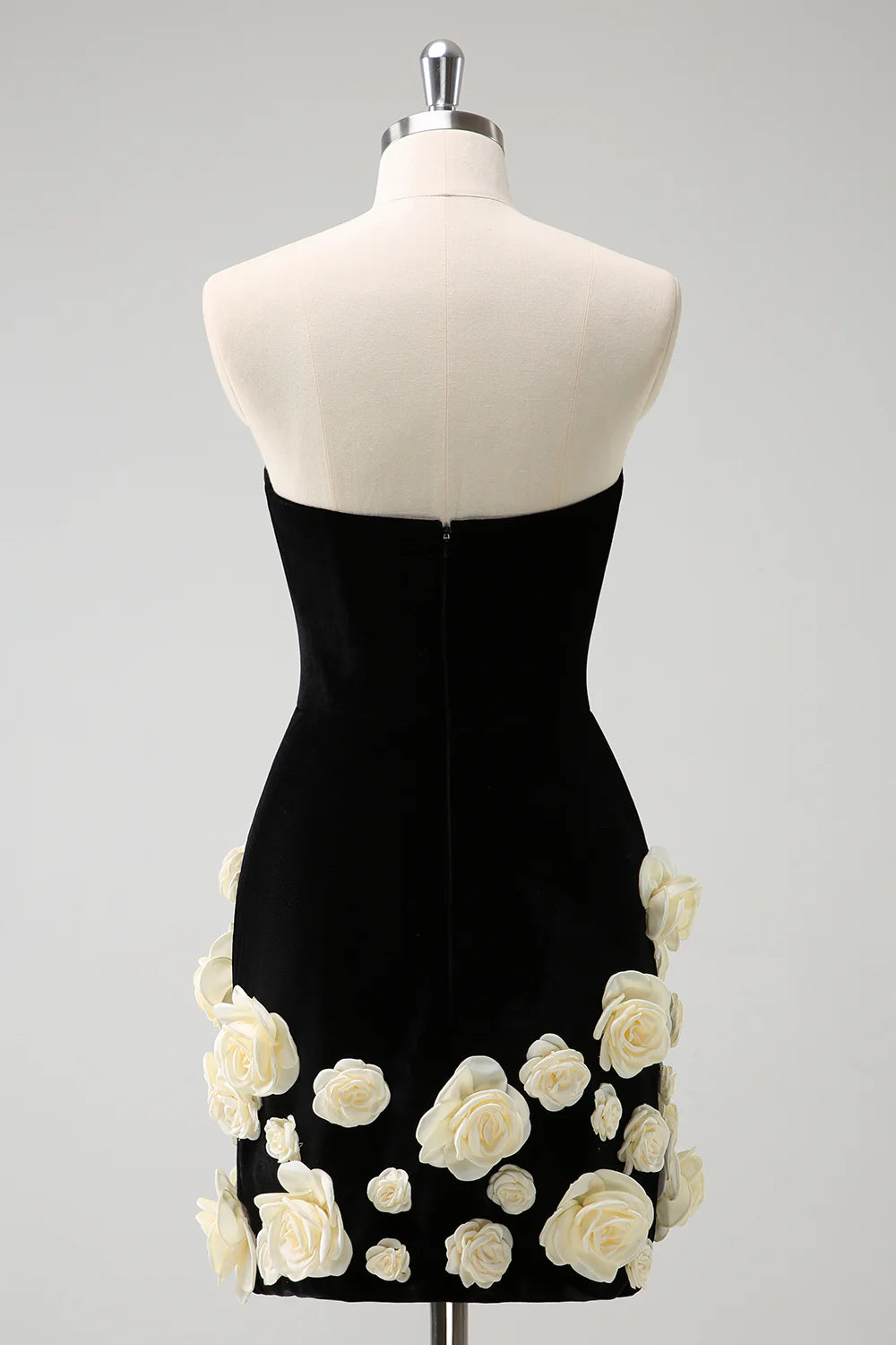 Amzcw Elegant Black Tight Strapless Short Homecoming Dress with 3D Flowers