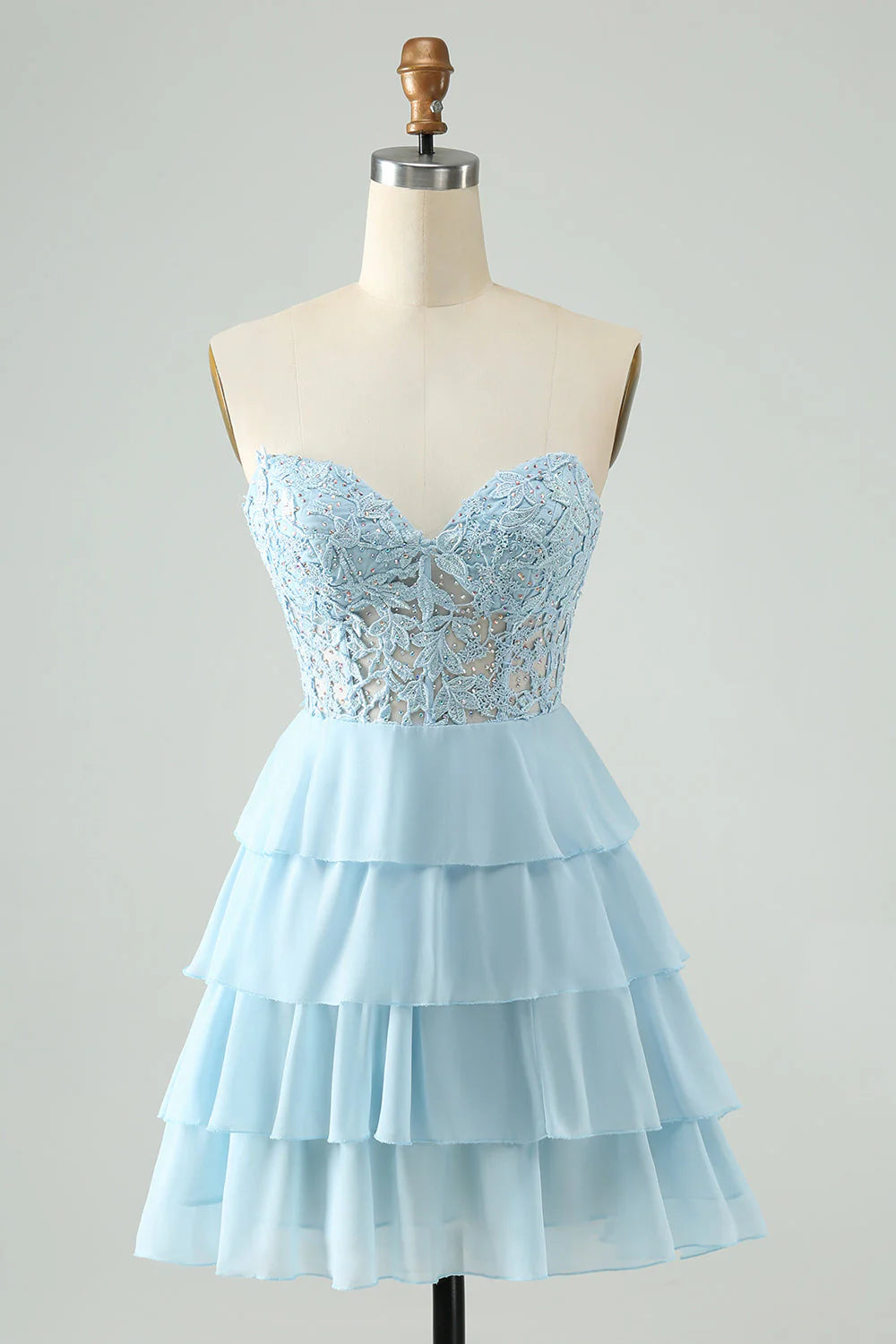 Amzcw A Line Sweetheart Tiered Light Blue Short Homecoming Dress with Appliques