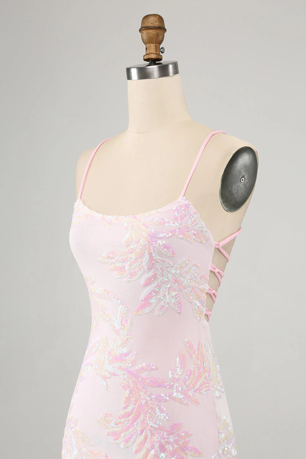 Amzcw Pink Bodycon Spaghetti Straps Homecoming Dress with Criss Cross Back