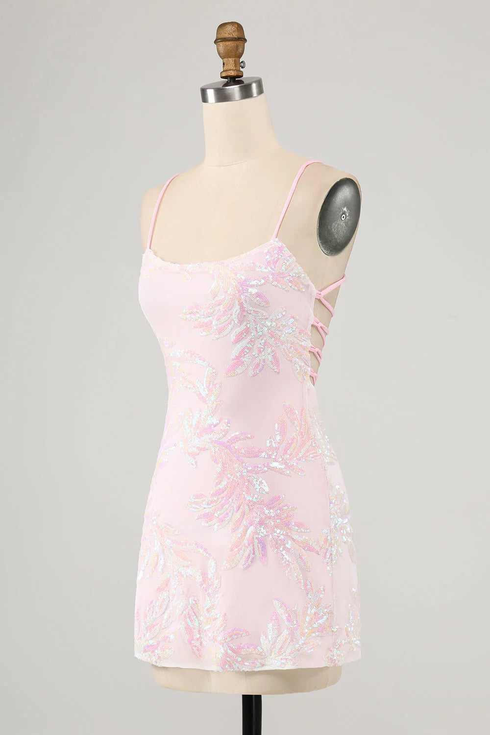 Amzcw Pink Bodycon Spaghetti Straps Homecoming Dress with Criss Cross Back