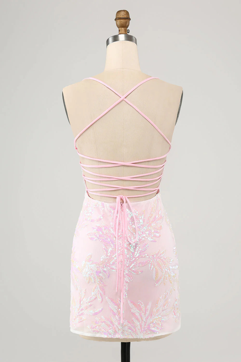 Amzcw Pink Bodycon Spaghetti Straps Homecoming Dress with Criss Cross Back
