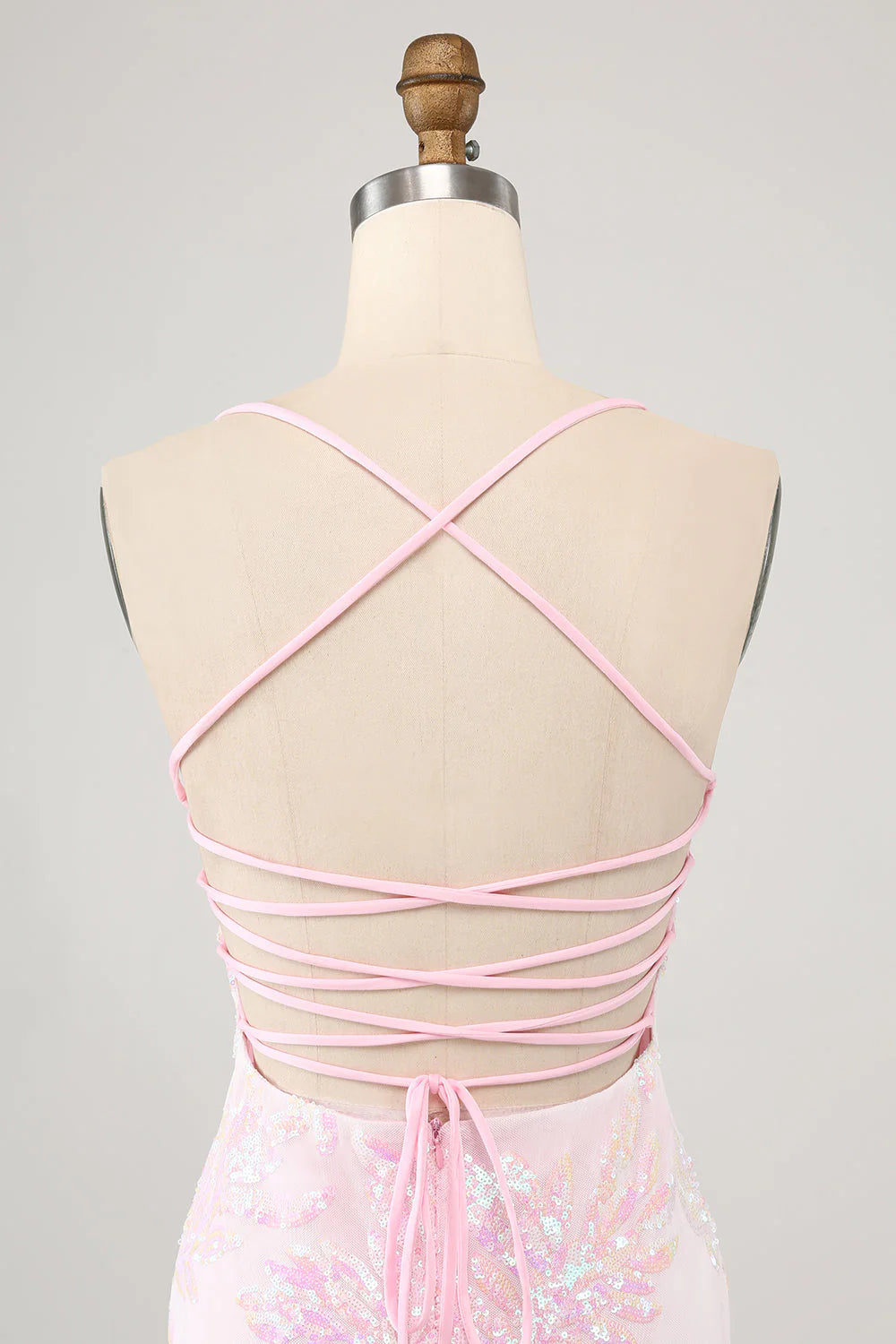 Amzcw Pink Bodycon Spaghetti Straps Homecoming Dress with Criss Cross Back