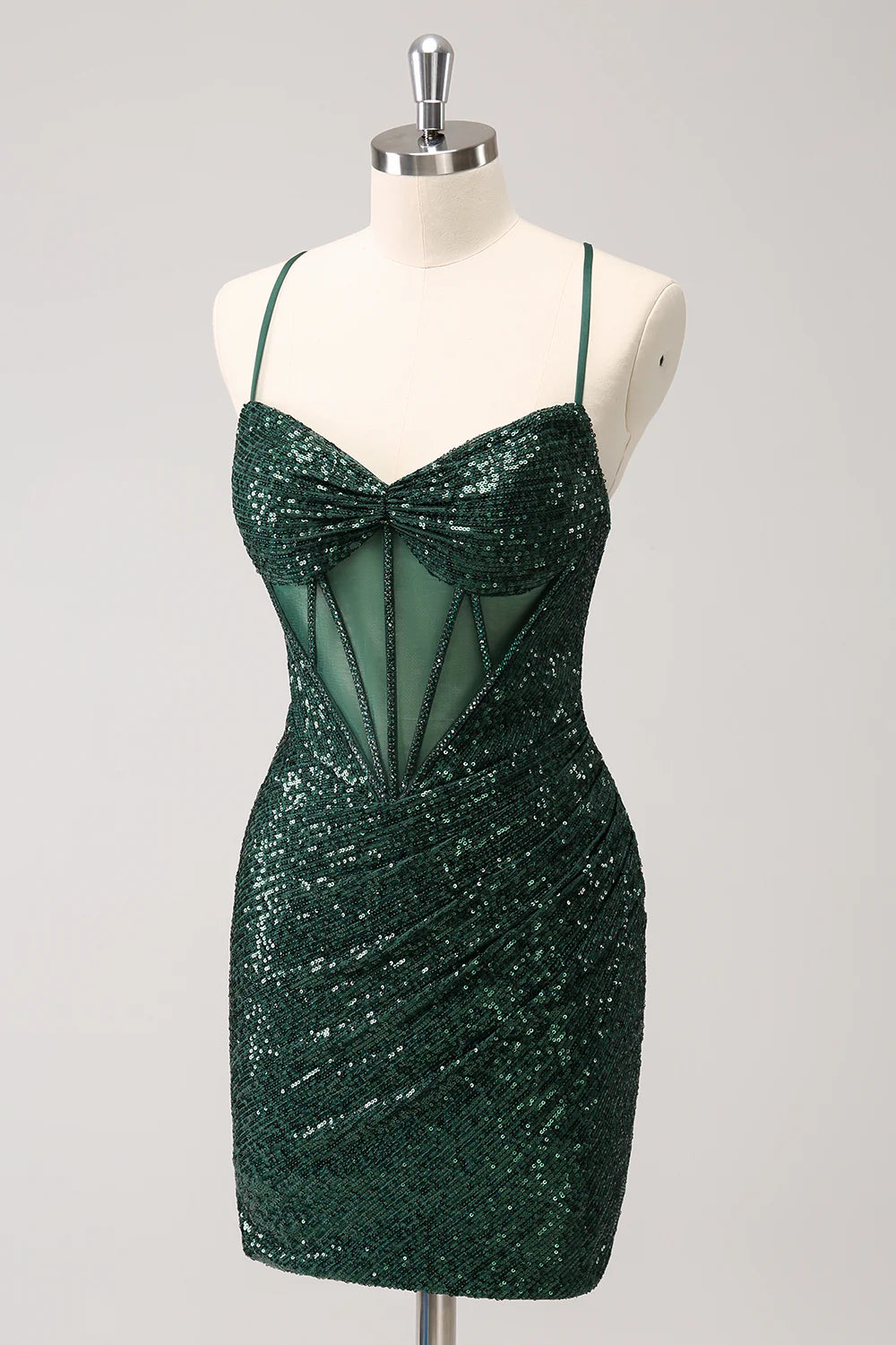 Amzcw Sparkly Unique Dark Green Tight Sequin Corset Homecoming Dress with Lace Up Back