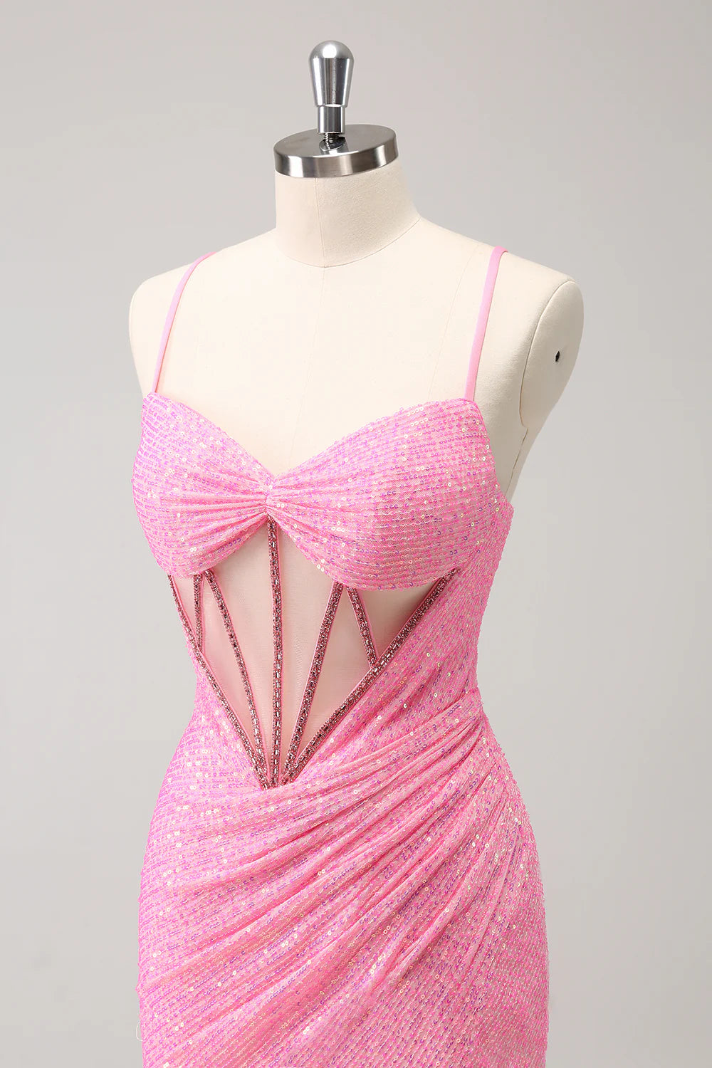 Amzcw Stylish Sparkly Unique Pink Tight Sequin Corset Homecoming Dress with Lace Up Back