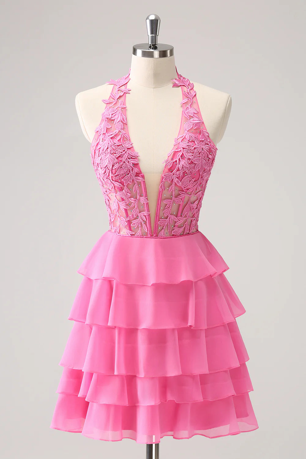 Amzcw Cute Hot Pink A Line Strapless Tiered Corset Ruffle Homecoming Dress with Beading