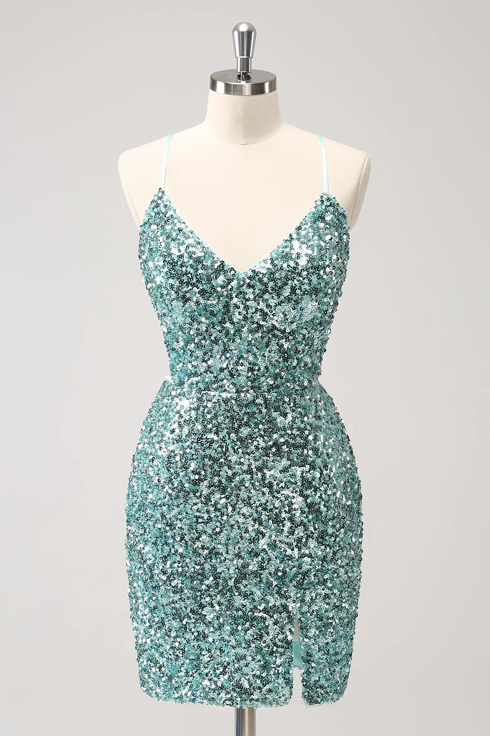 Amzcw Sparkly Blue Tight Lace Up Back Sequin Short Homecoming Dress with Slit