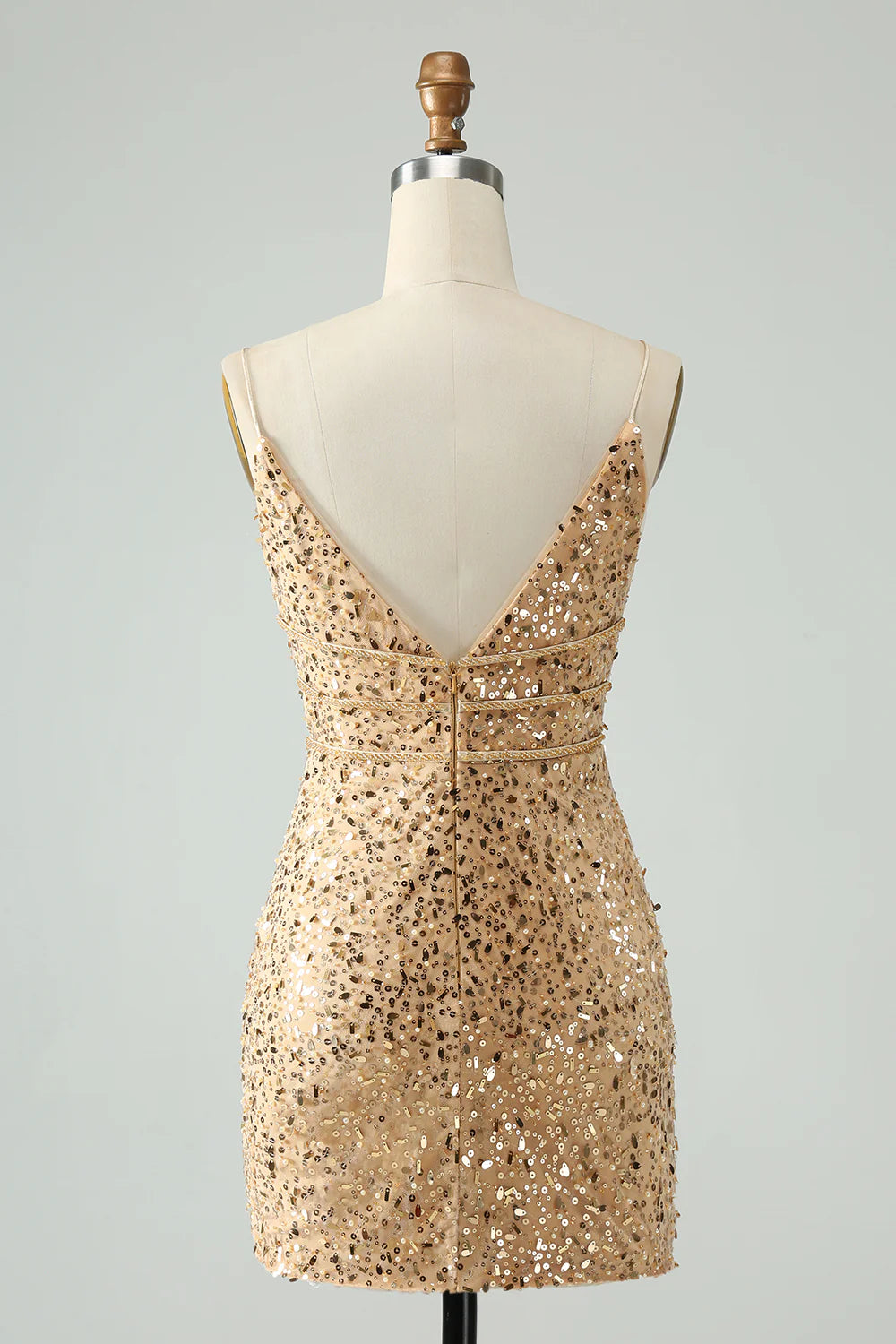 Amzcw Glitter Golden Bodycon Spaghetti Straps Corset Short Homecoming Dress with Sequins