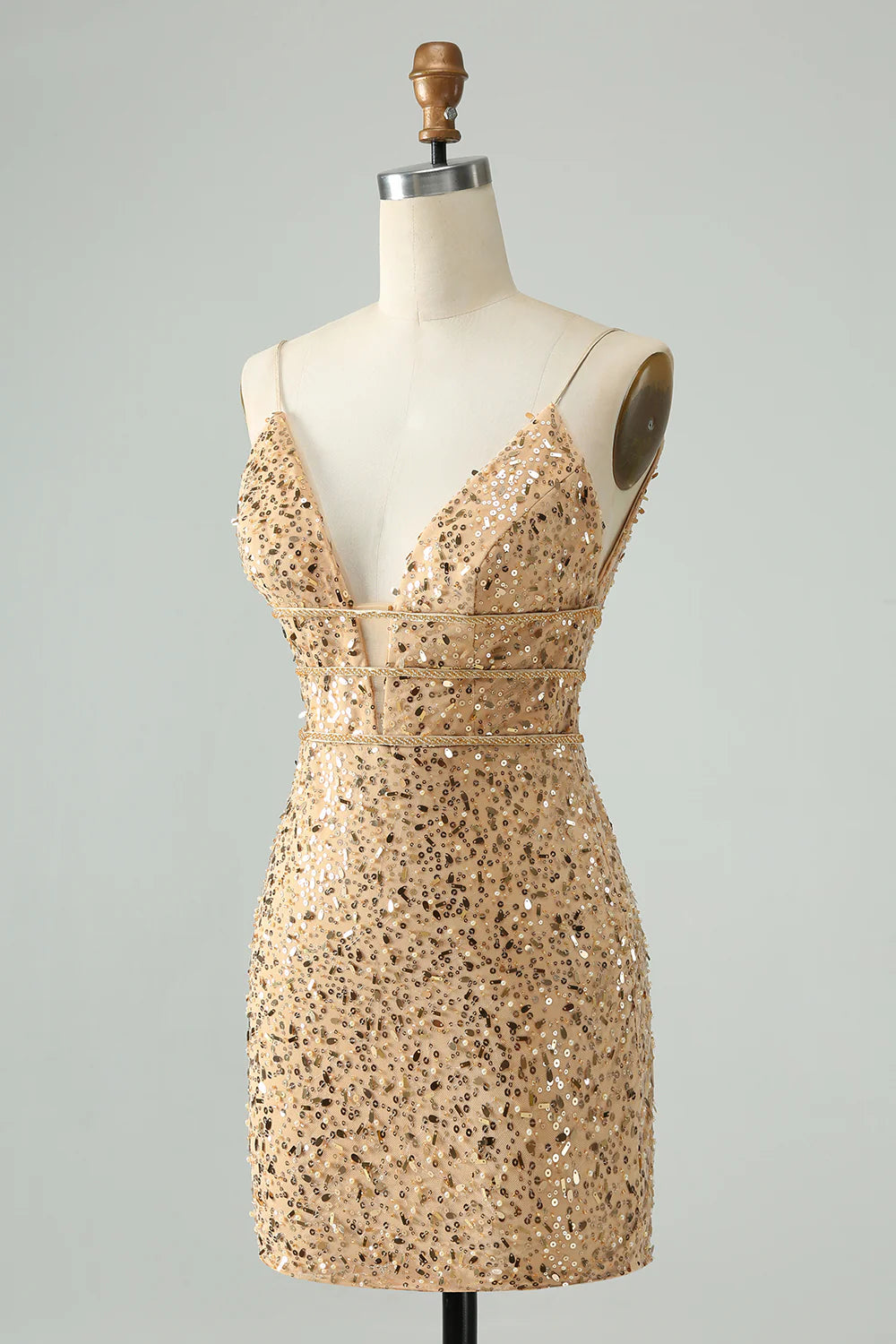 Amzcw Glitter Golden Bodycon Spaghetti Straps Corset Short Homecoming Dress with Sequins