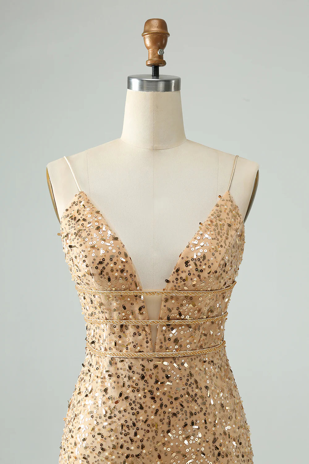 Amzcw Glitter Golden Bodycon Spaghetti Straps Corset Short Homecoming Dress with Sequins