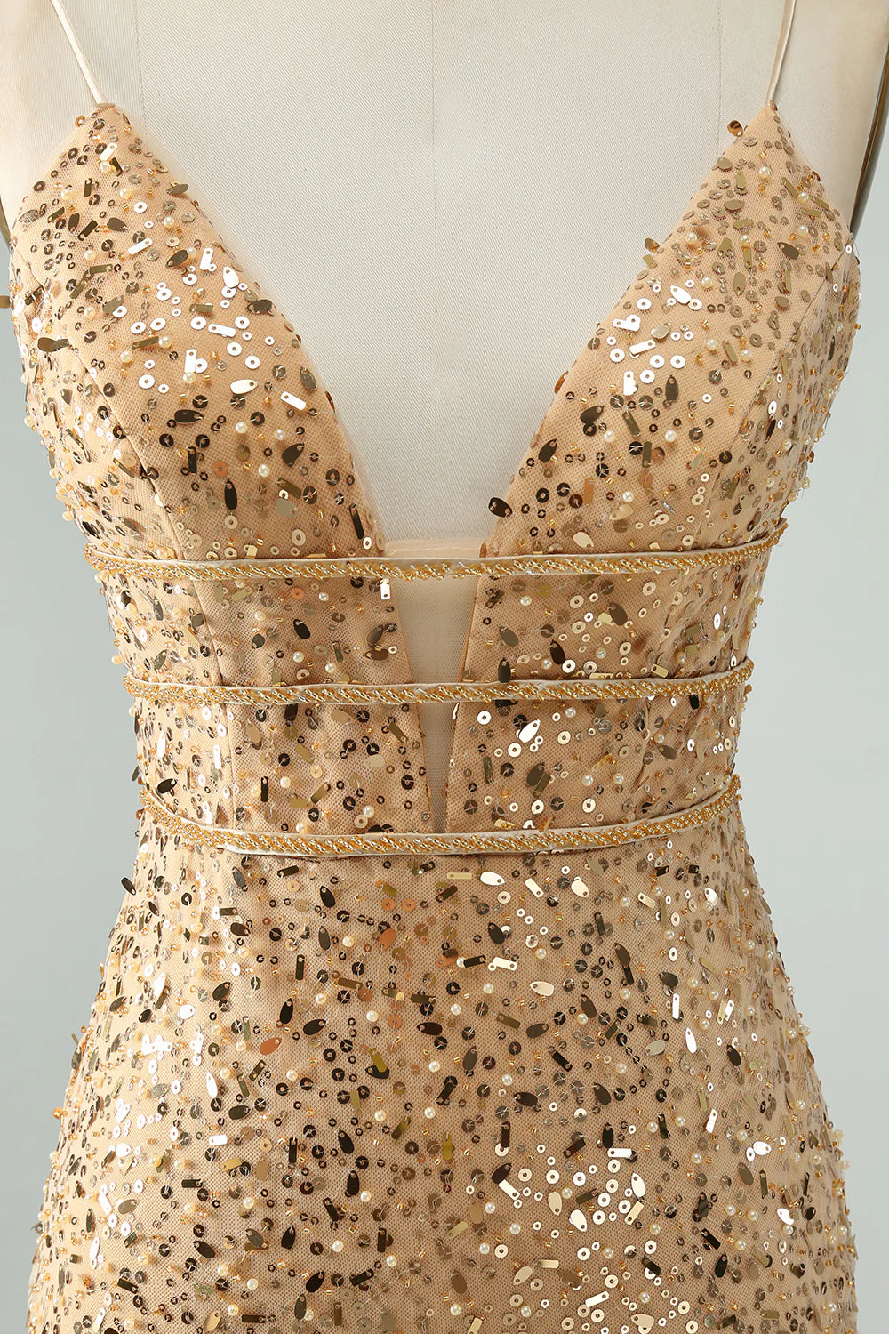 Amzcw Glitter Golden Bodycon Spaghetti Straps Corset Short Homecoming Dress with Sequins