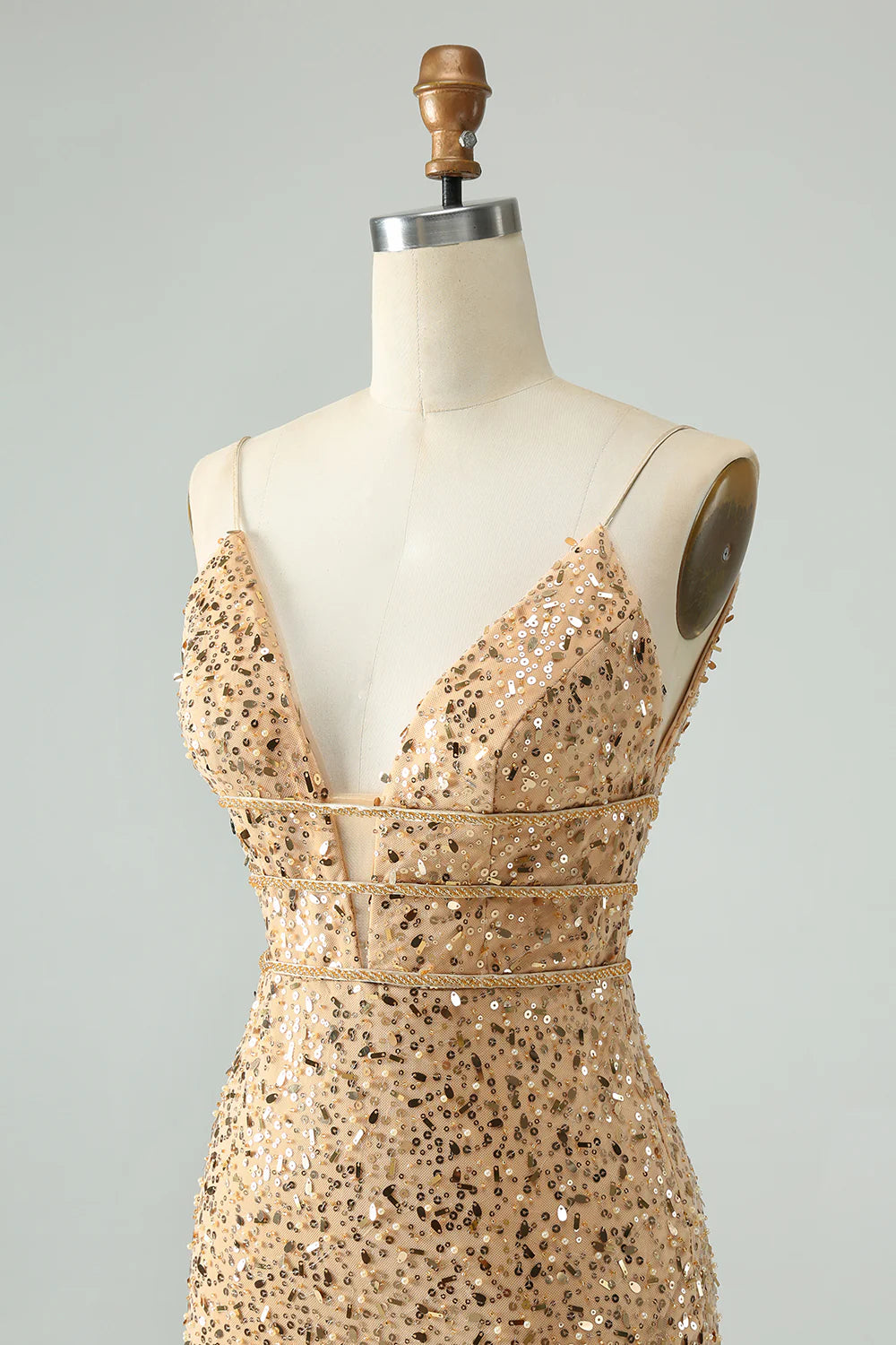 Amzcw Glitter Golden Bodycon Spaghetti Straps Corset Short Homecoming Dress with Sequins