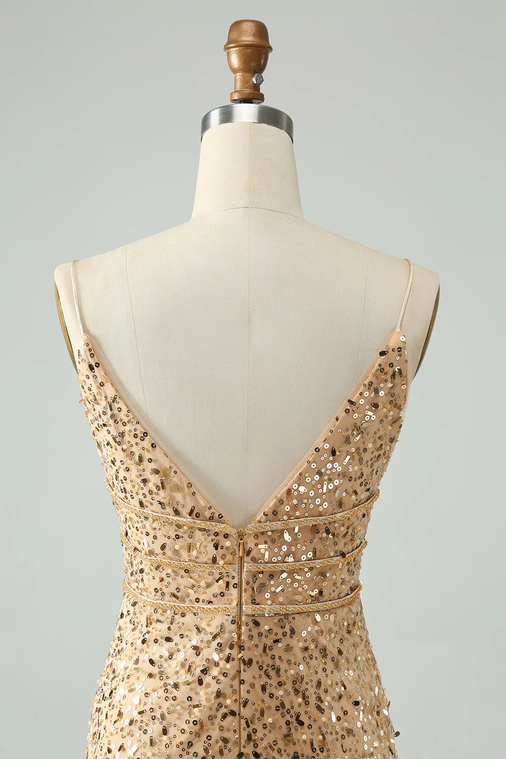 Amzcw Glitter Golden Bodycon Spaghetti Straps Corset Short Homecoming Dress with Sequins