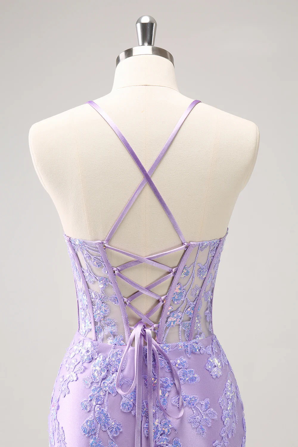 Amzcw Sparkly Lilac Bodycon Spaghetti Straps Sequin Corset Homecoming Dress with Appliques