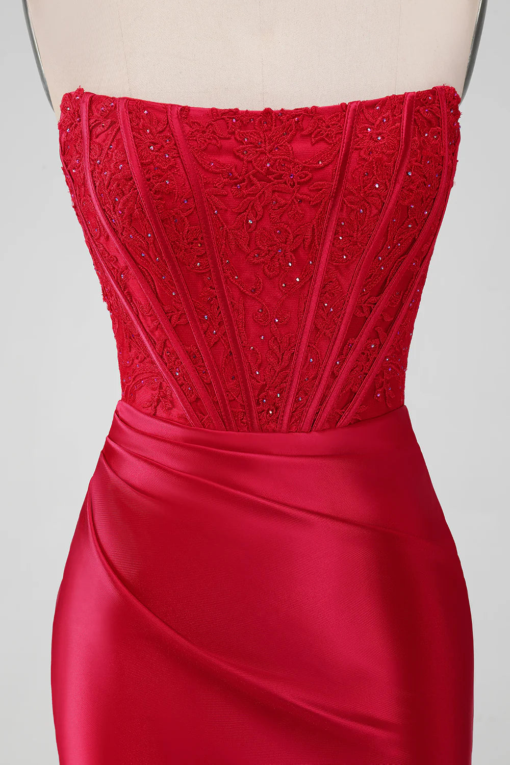 Amzcw Sparkly Red Bodycon Strapless Pleated Corset Short Homecoming Dress With Beading