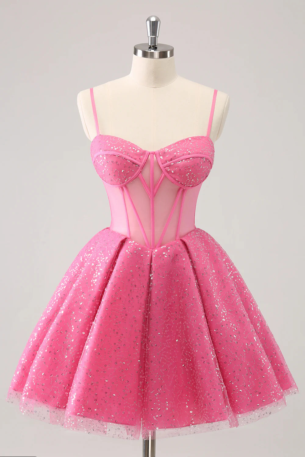 Amzcw Sparkly Cute Pink Spaghetti Straps A Line Corset Short Homecoming Dress with Sequins