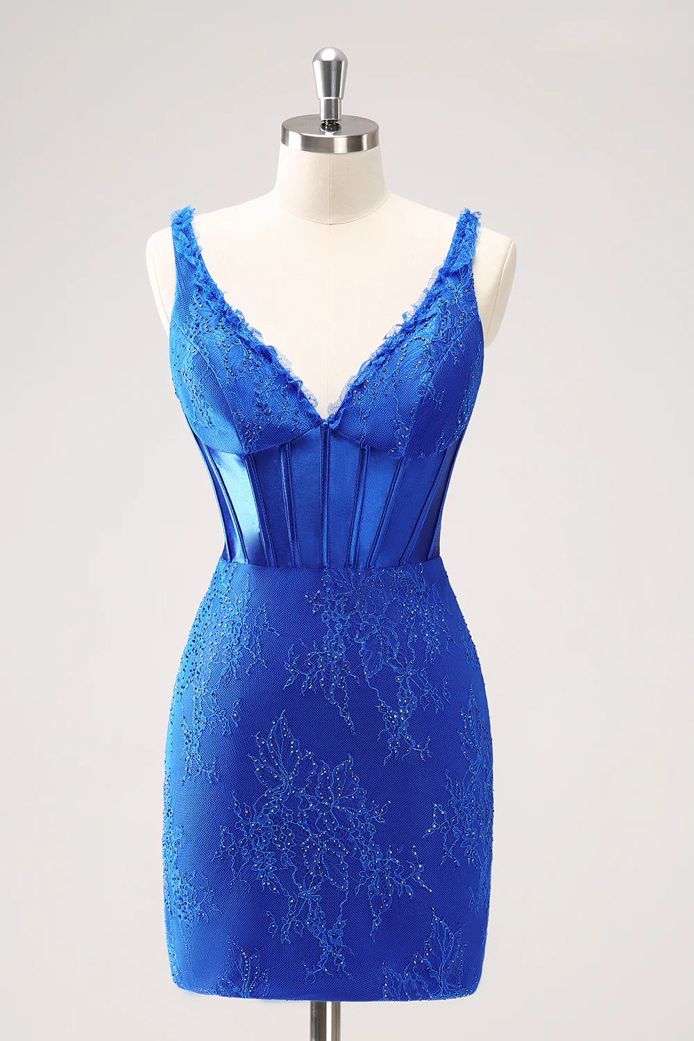 Amzcw Sparkly Royal Blue Bodycon V Neck Beaded Corset Ruched Homecoming Dress with Lace Up Back
