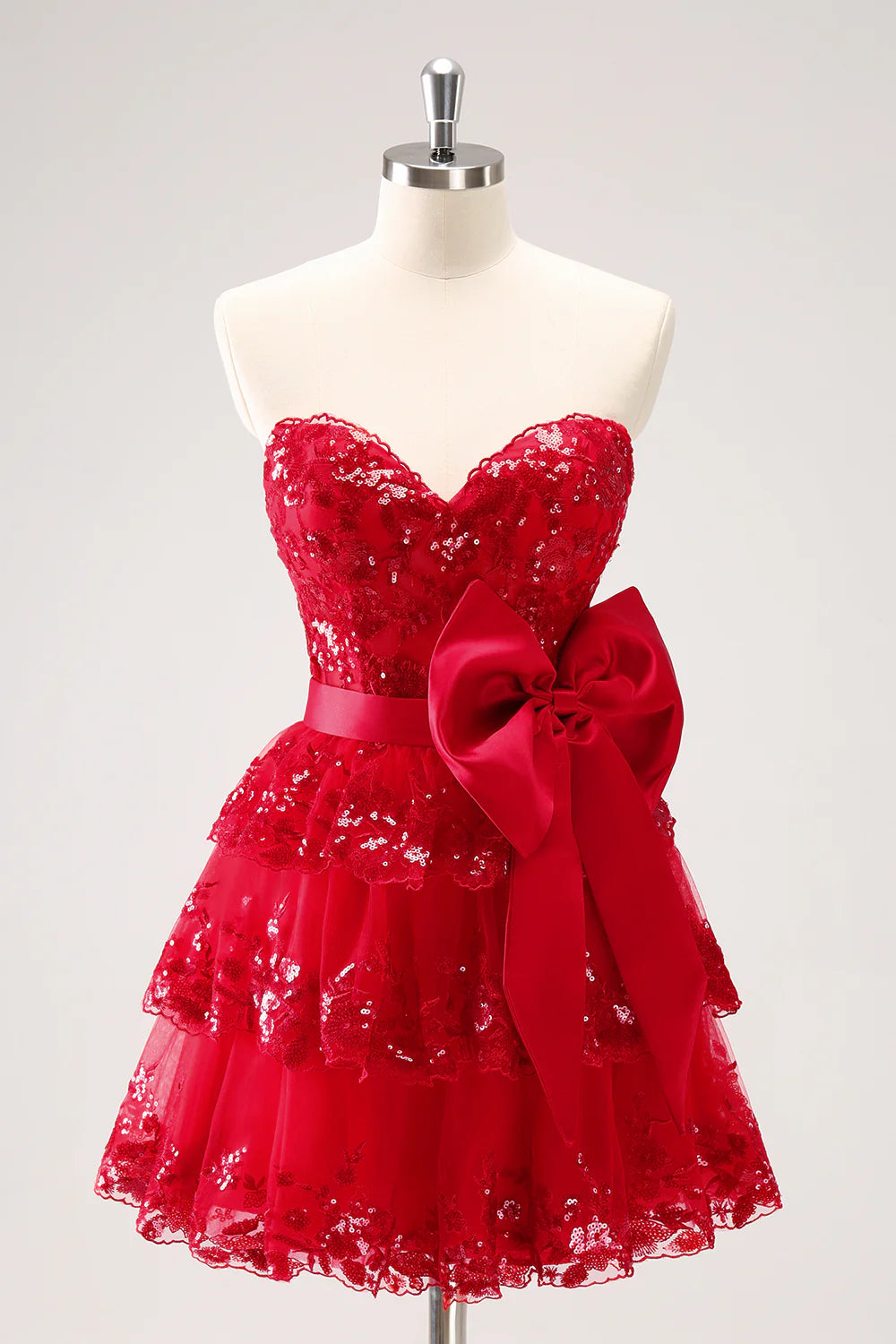 Amzcw Sparkly Red A Line Sweetheart Corset Tiered Ruffle Homecoming Dress with Bows