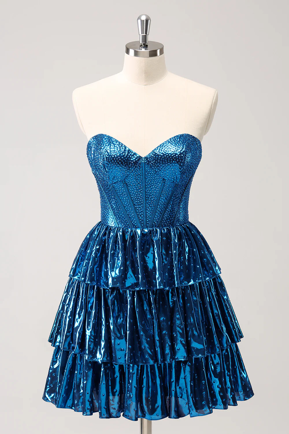 Amzcw Sparkly Peacock Blue A Line Sweetheart Corset Tiered Metallic Homecoming Dress with Lace Up Back