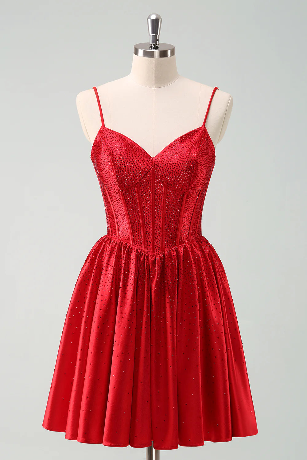 Amzcw Cute Red A Line Spaghetti Straps Ruffle Corset Short Homecoming Dress with Beading