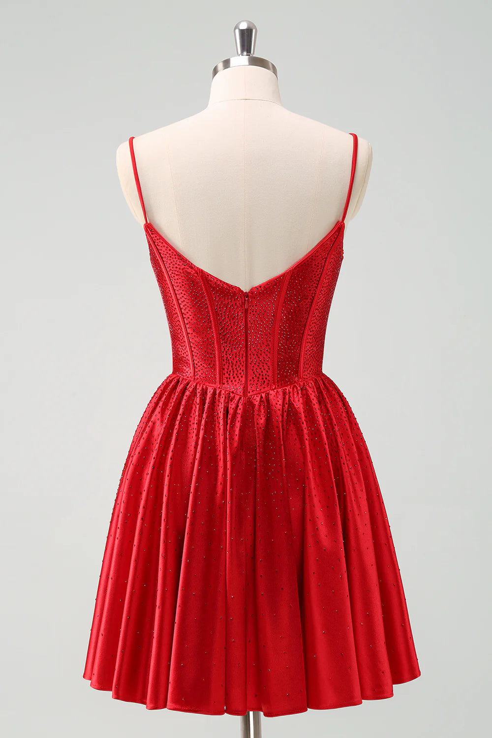 Amzcw Cute Red A Line Spaghetti Straps Ruffle Corset Short Homecoming Dress with Beading