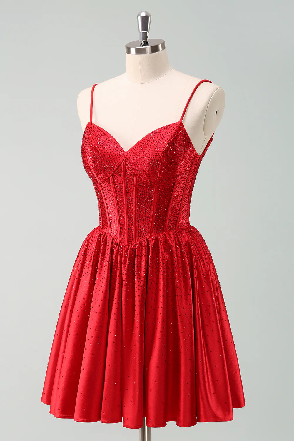 Amzcw Cute Red A Line Spaghetti Straps Ruffle Corset Short Homecoming Dress with Beading