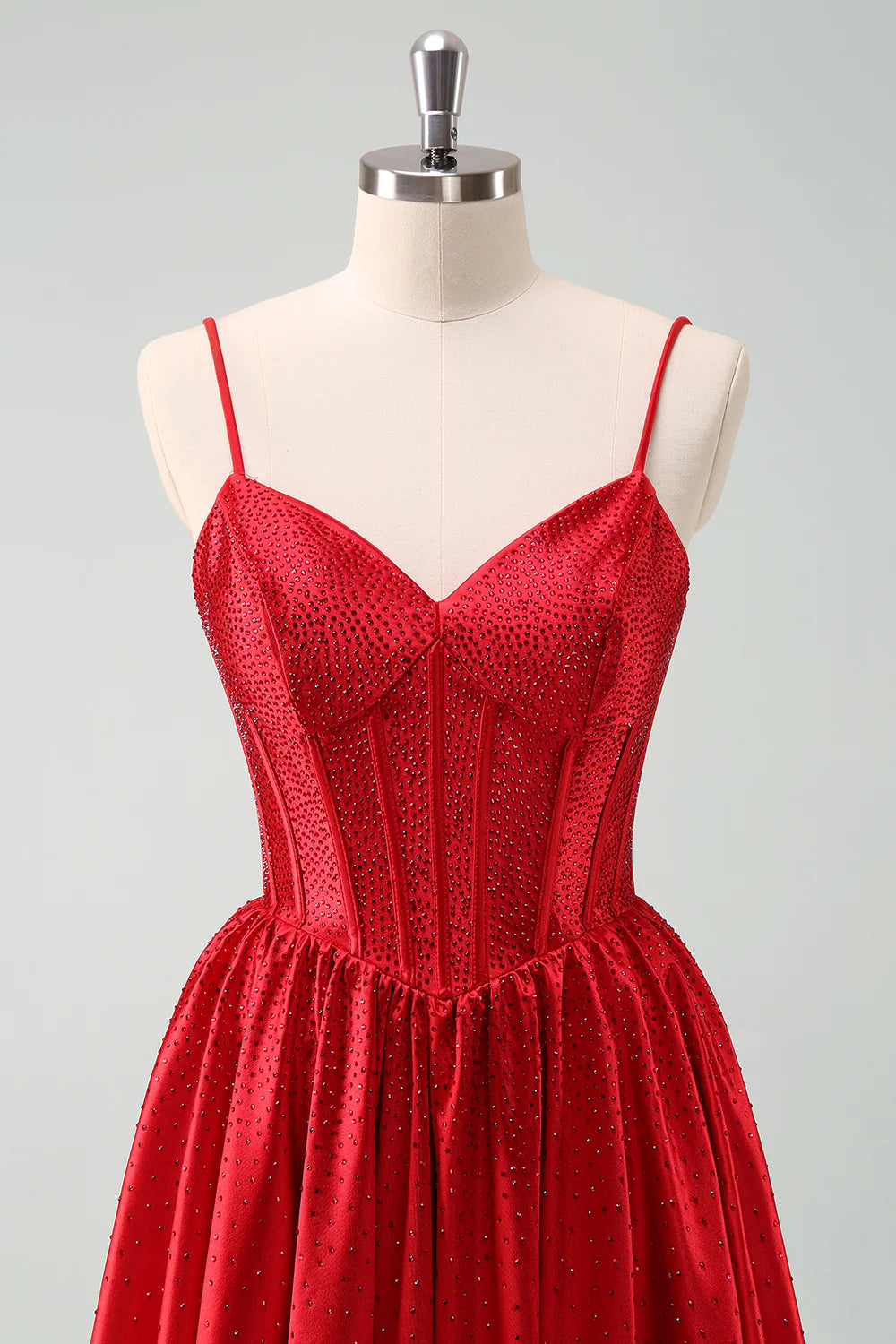 Amzcw Cute Red A Line Spaghetti Straps Ruffle Corset Short Homecoming Dress with Beading