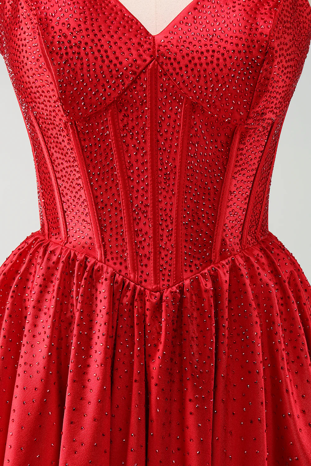 Amzcw Cute Red A Line Spaghetti Straps Ruffle Corset Short Homecoming Dress with Beading