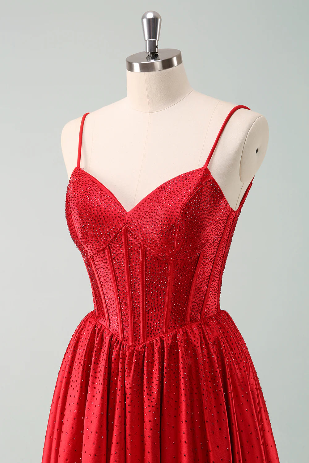 Amzcw Cute Red A Line Spaghetti Straps Ruffle Corset Short Homecoming Dress with Beading