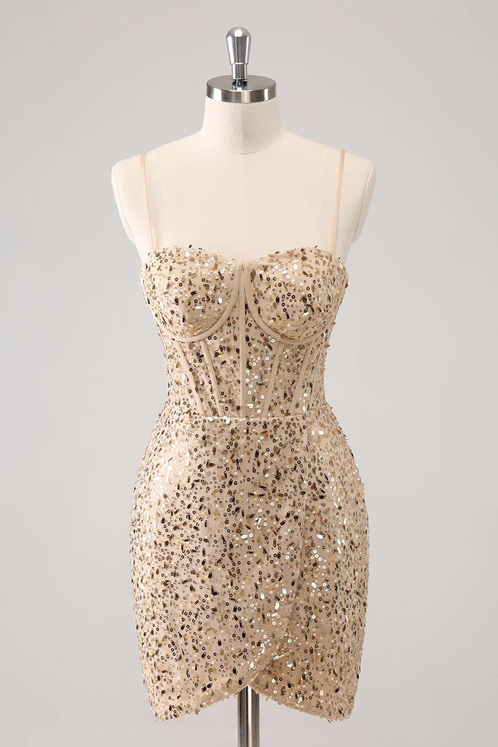 Amzcw Stylish Golden Bodycon Spaghetti Straps Sequin Short Homecoming Dress