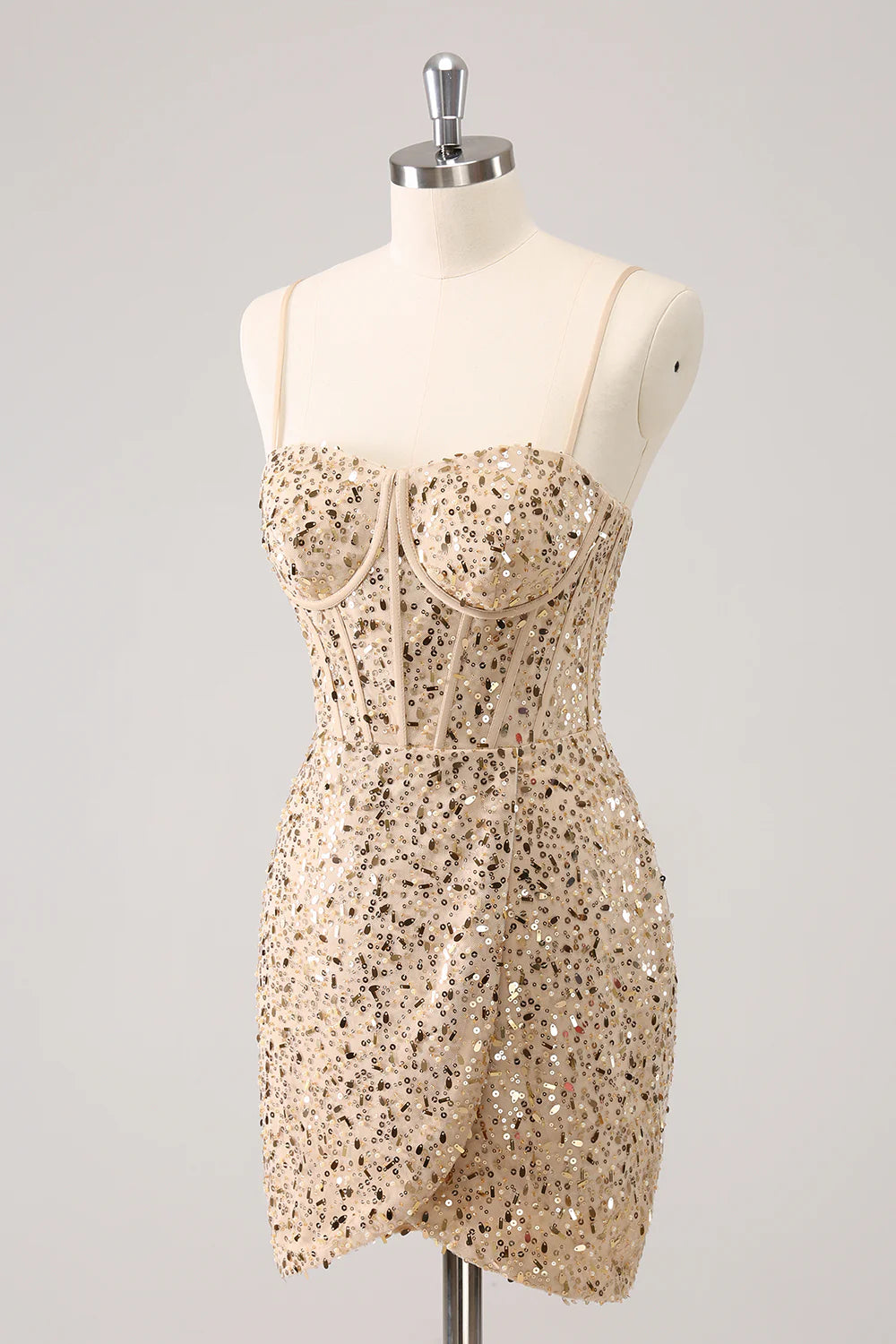 Amzcw Stylish Golden Bodycon Spaghetti Straps Sequin Short Homecoming Dress