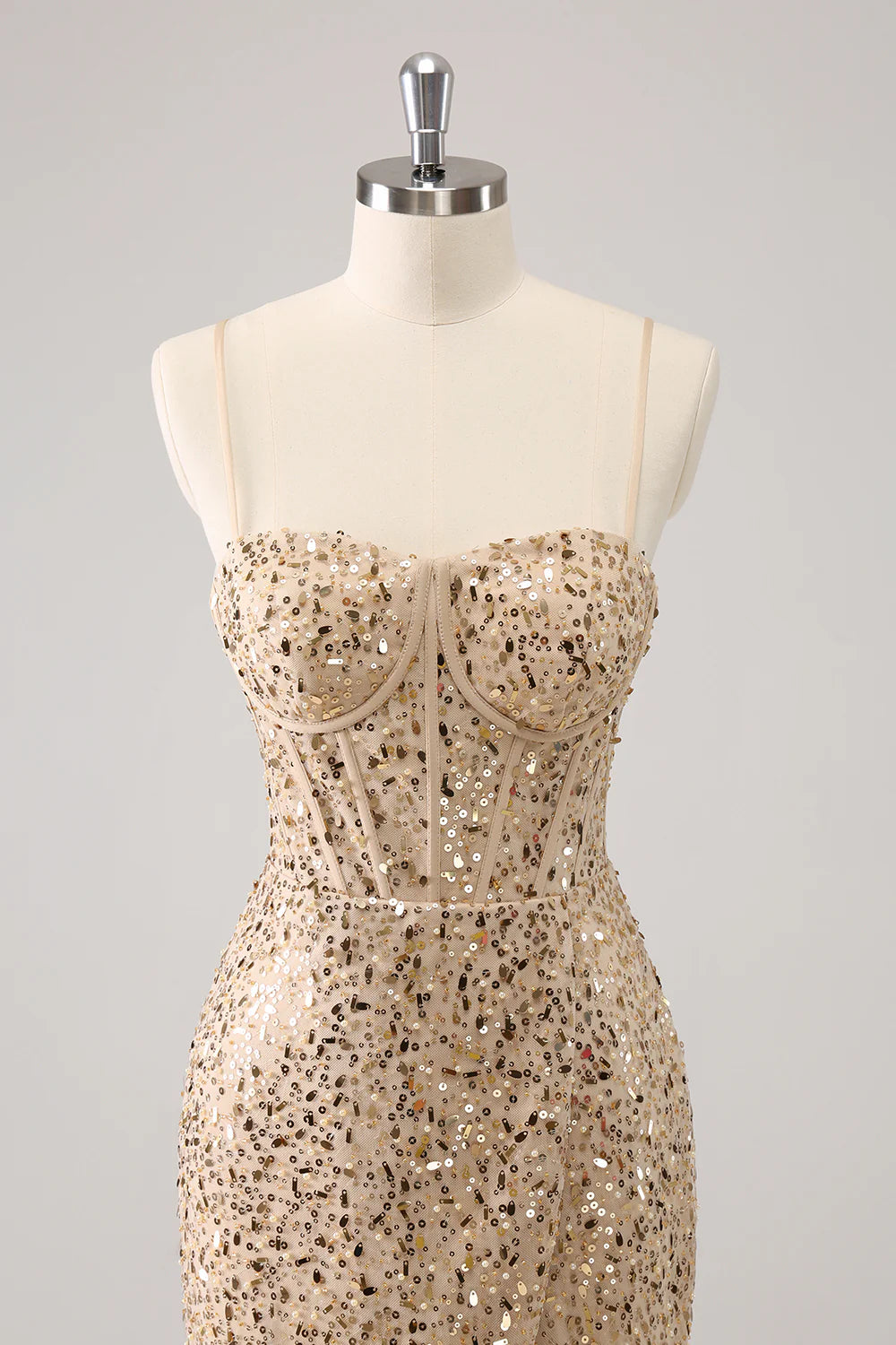 Amzcw Stylish Golden Bodycon Spaghetti Straps Sequin Short Homecoming Dress