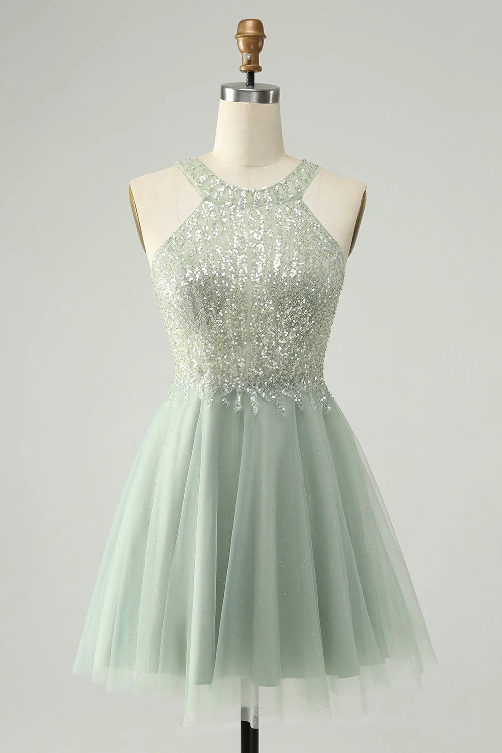 Amzcw Dusty Green A Line Halter Short Homecoming Dress with Sequins