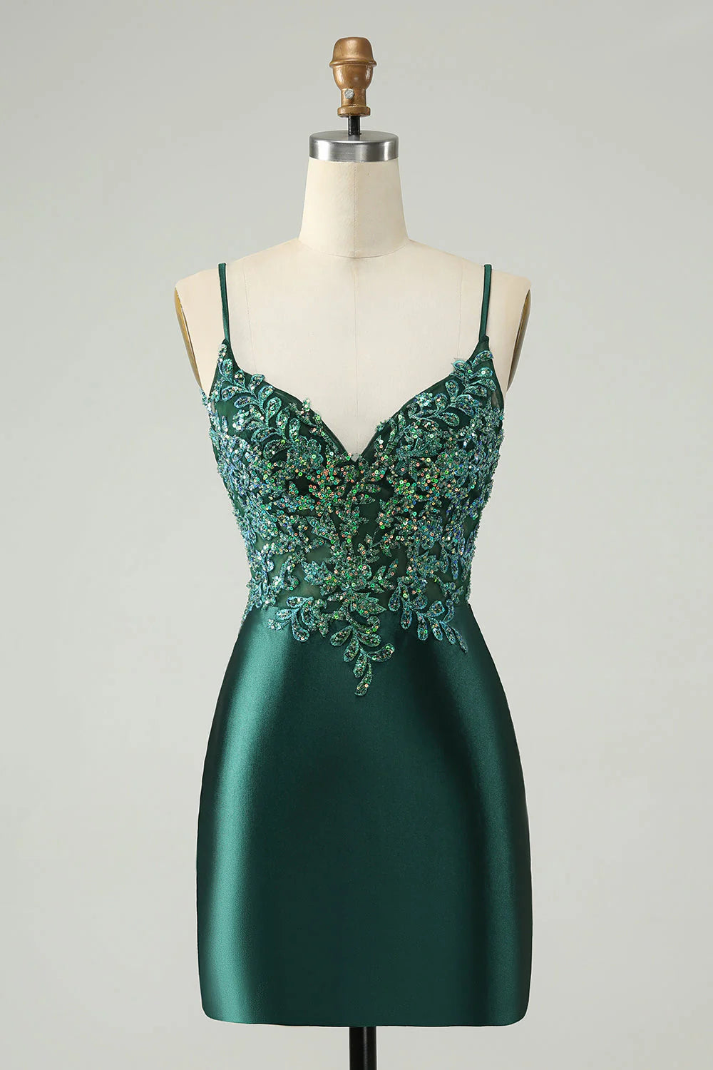 Amzcw Glitter Dark Green Tight V Neck Short Homecoming Dress with Sequins