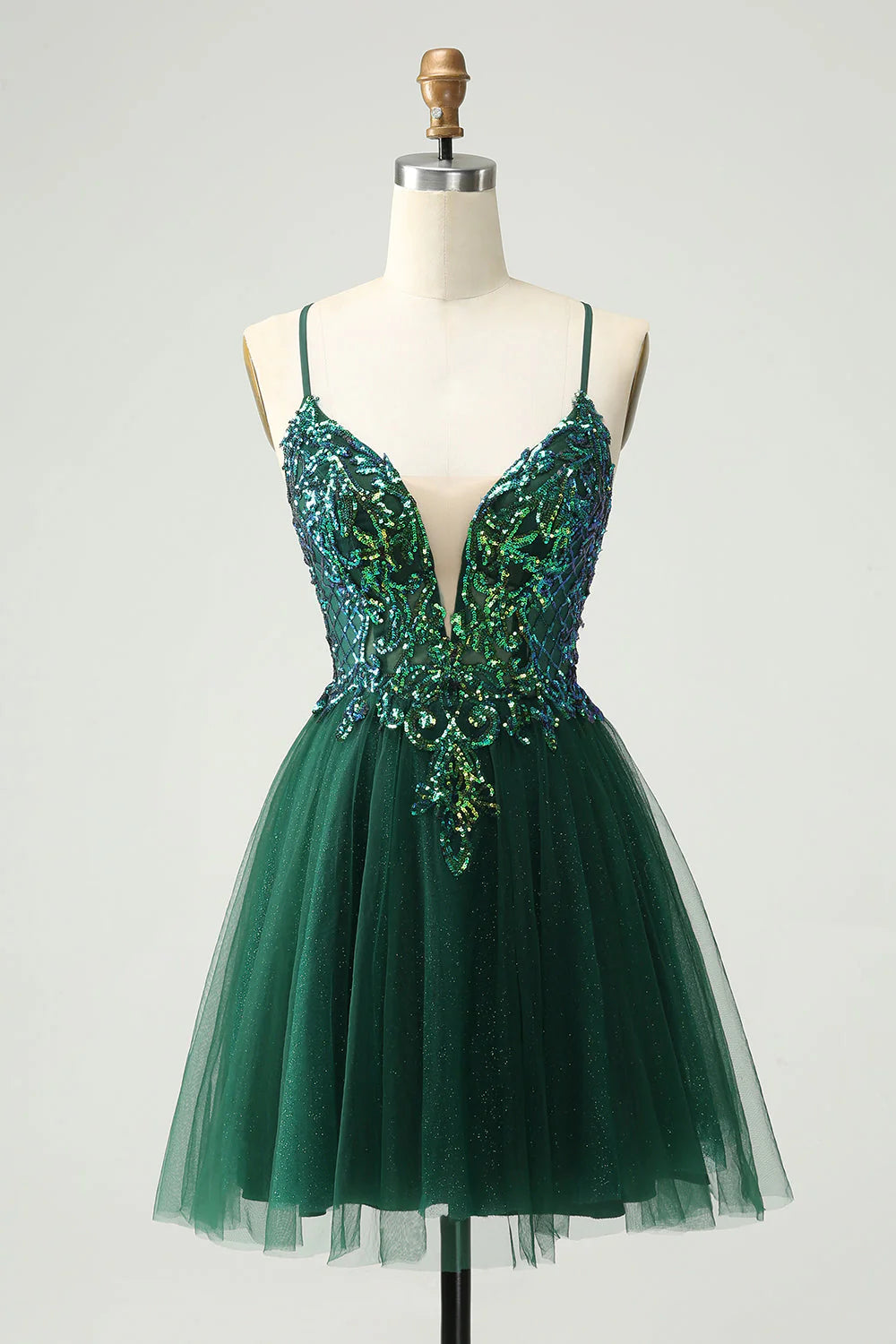 Amzcw Cute Dark Green A Line V Neck Sequin Short Homecoming Dress with Appliques