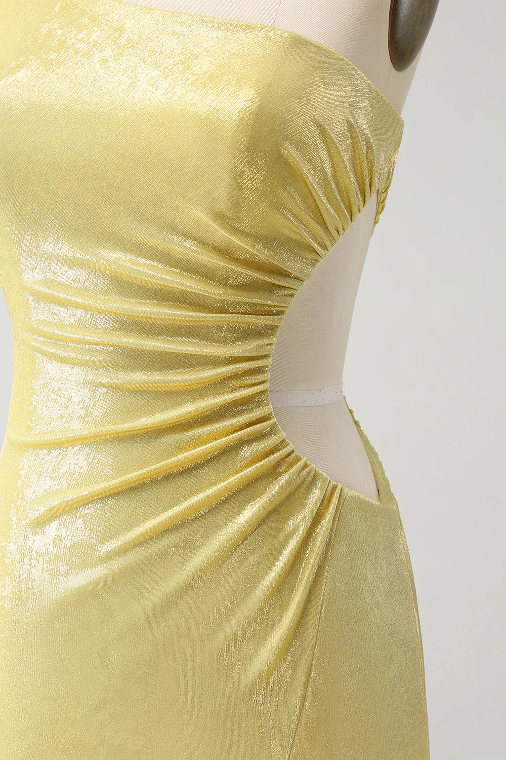 Amzcw Sparkly Yellow Bodycon One Shoulder Hollow Out Pleated Metallic Homecoming Dress