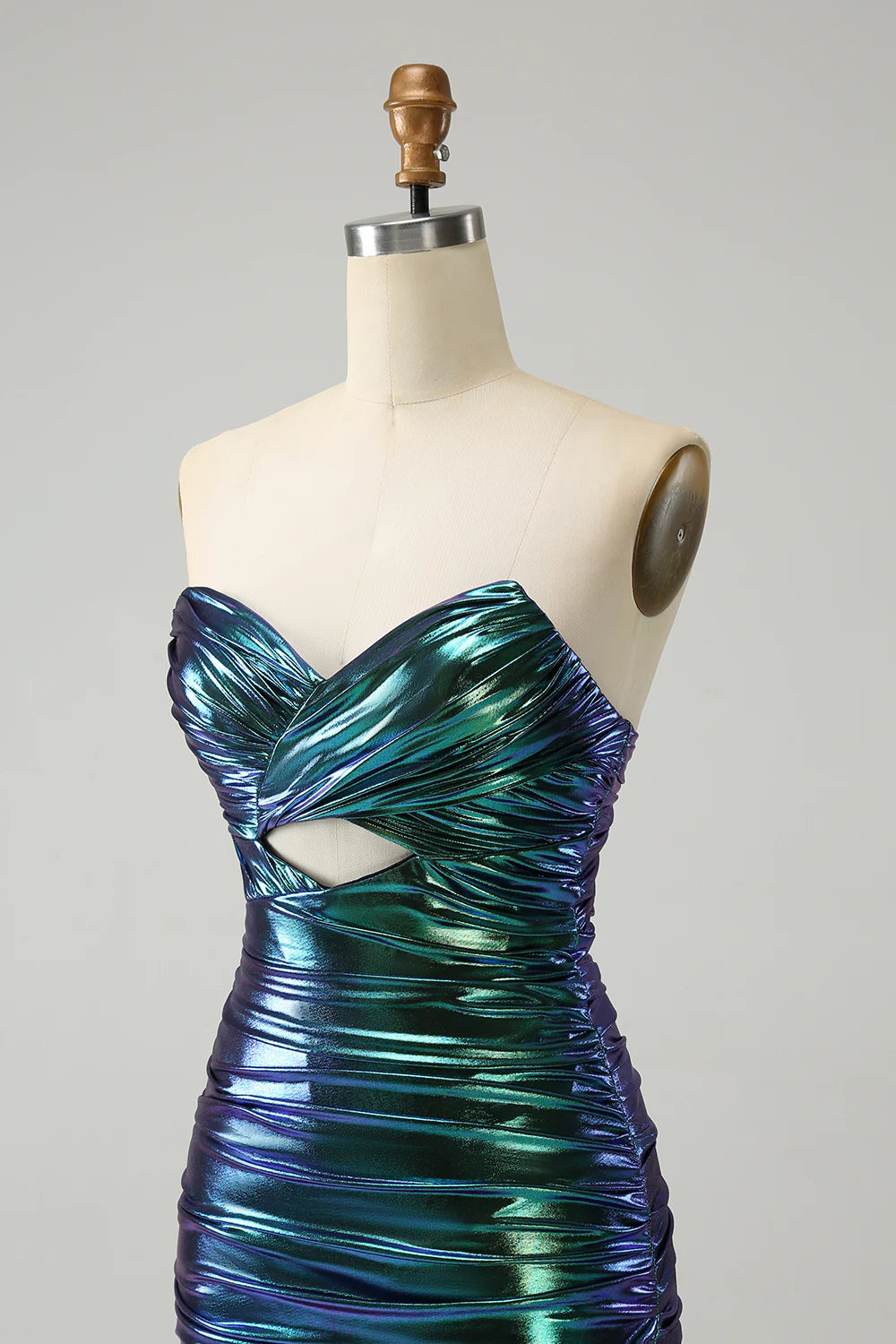 Amzcw Chic Teal Blue Strapless Keyhole Pleated Tight Metallic Homecoming Dress