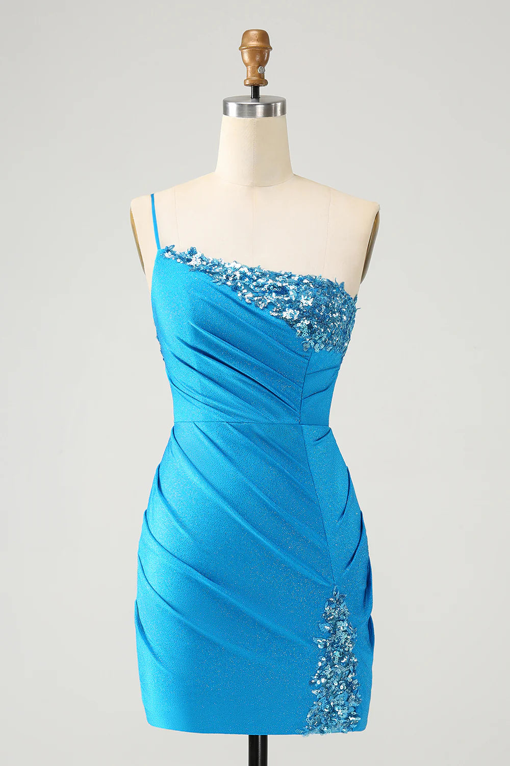 Amzcw Sparkly Blue Bodycon One Shoulder Pleated Short Homecoming Dress with Sequins