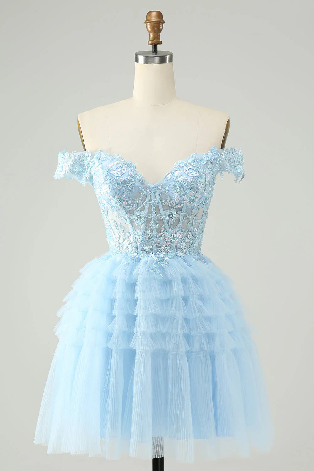 Amzcw Light Blue A Line Off The Shoulder Corset Short Homecoming Dress with Sequins