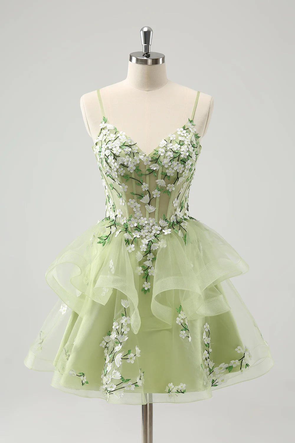 Amzcw Floral Light Green A Line Spaghetti Straps Corset Short Homecoming Dress with Appliqued