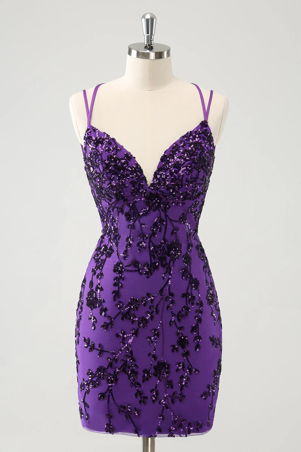 Amzcw Sparkly Purple Spaghetti Straps Tight Short Homecoming Dress with Appliques